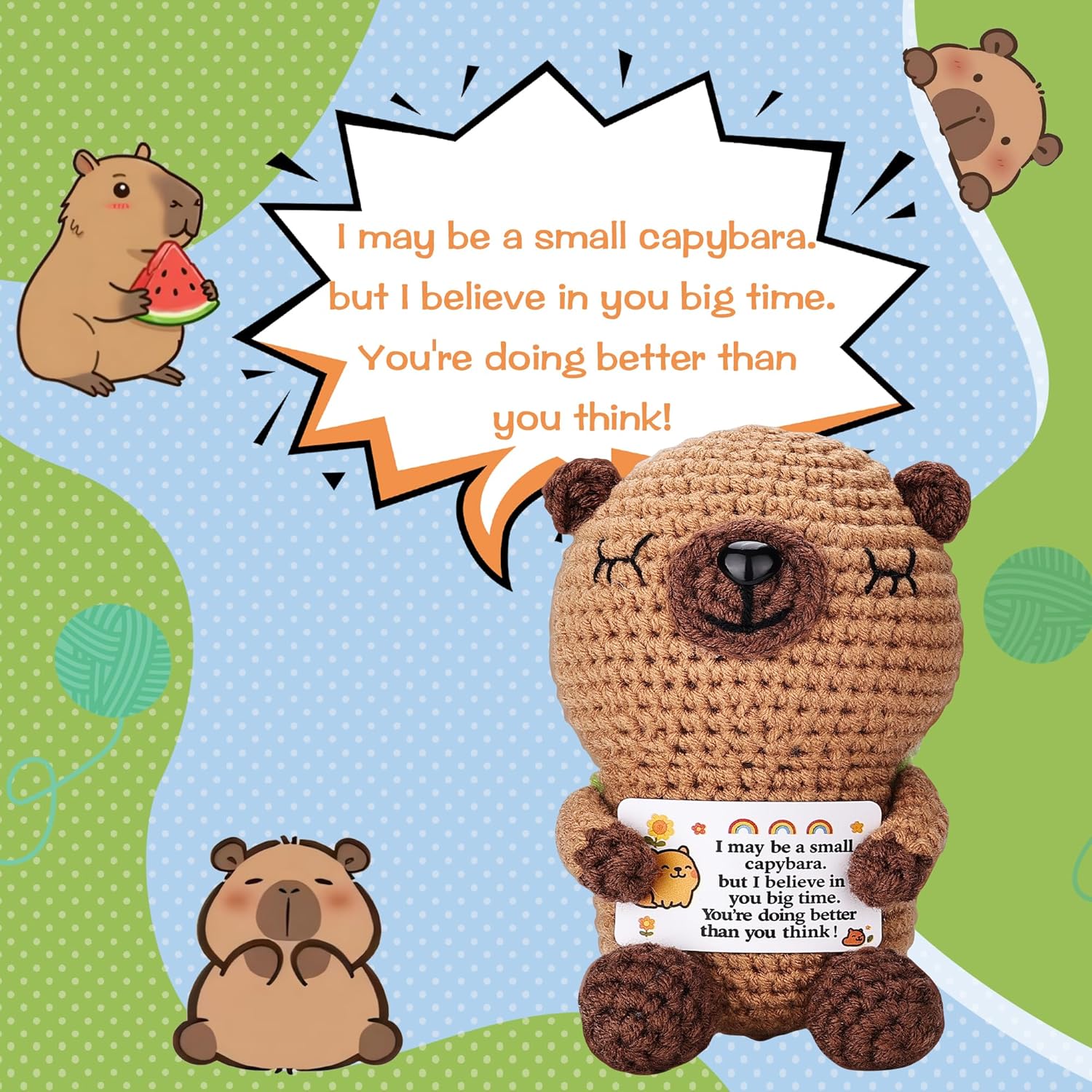 Crocheted capybara holding a card with text, surrounded by small capybaras and watermelon on a colorful background.
