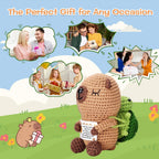 Crocheted animal toy with a card, surrounded by family scenes and text 'The Perfect Gift for Any Occasion'.