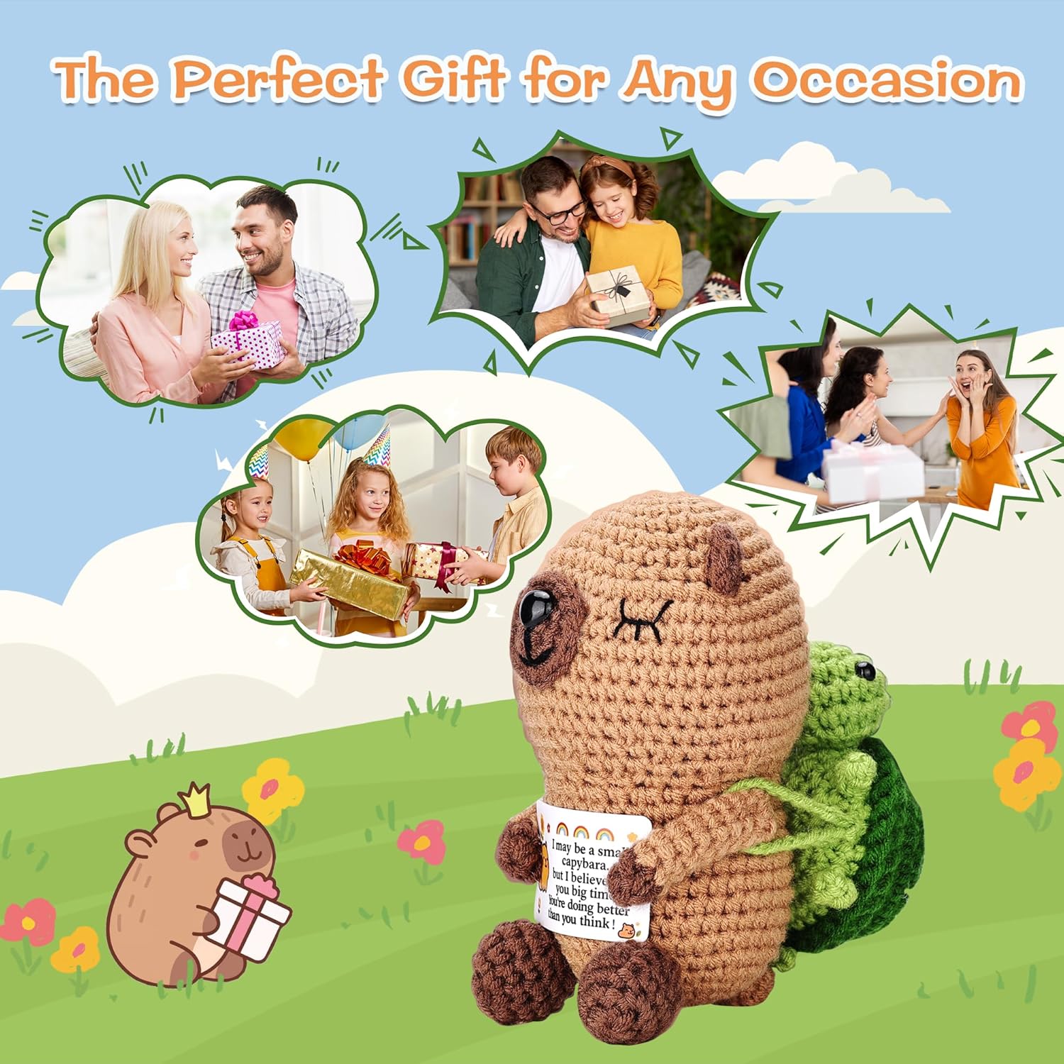Crocheted animal toy with a card, surrounded by family scenes and text 'The Perfect Gift for Any Occasion'.
