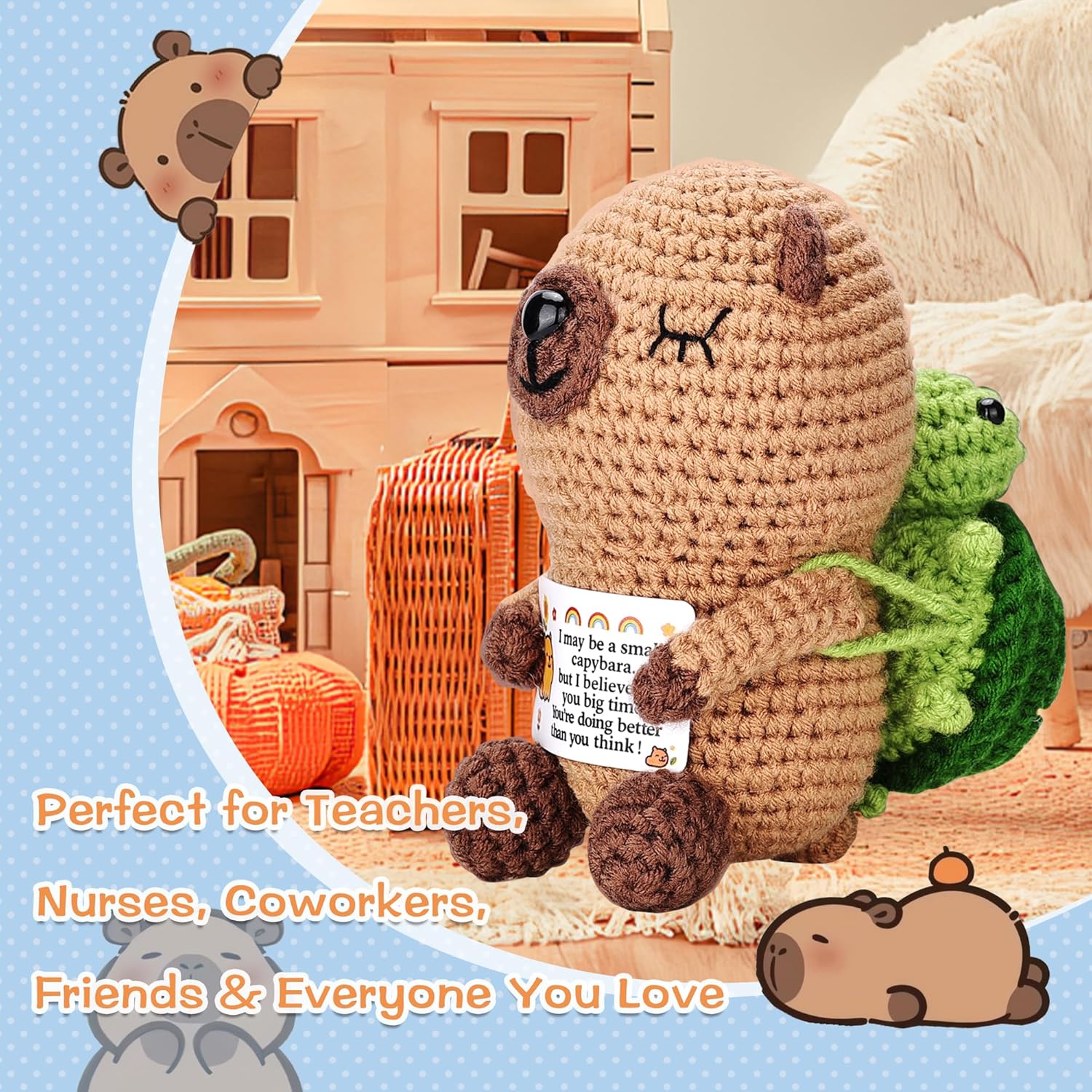 Crocheted animal plush toy with a card, surrounded by a cozy indoor setting with a teddy bear and house.