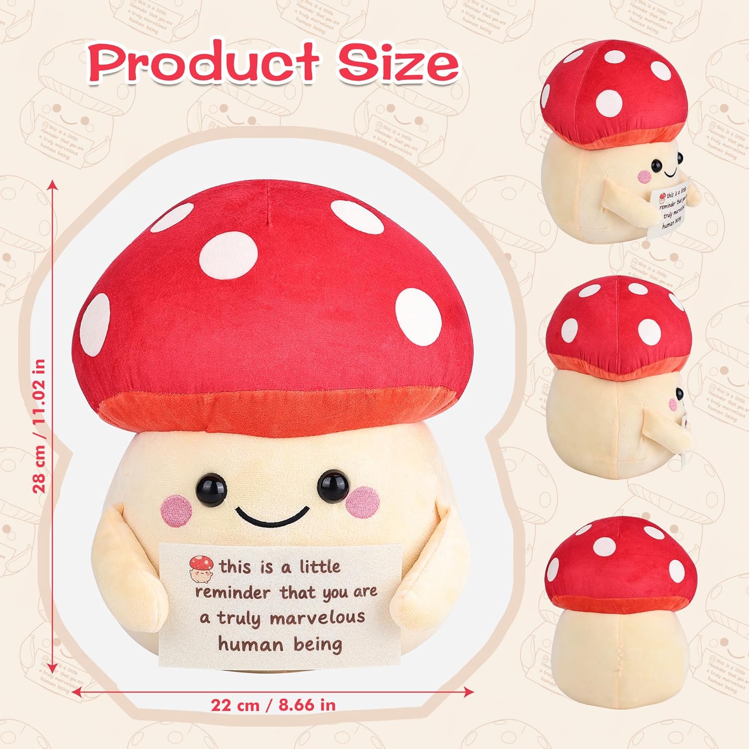 Mushroom-shaped plush toy with text and measurements on a beige background
