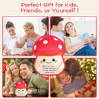 Red mushroom-shaped plush toy with a smiling face, surrounded by people enjoying it in various settings.