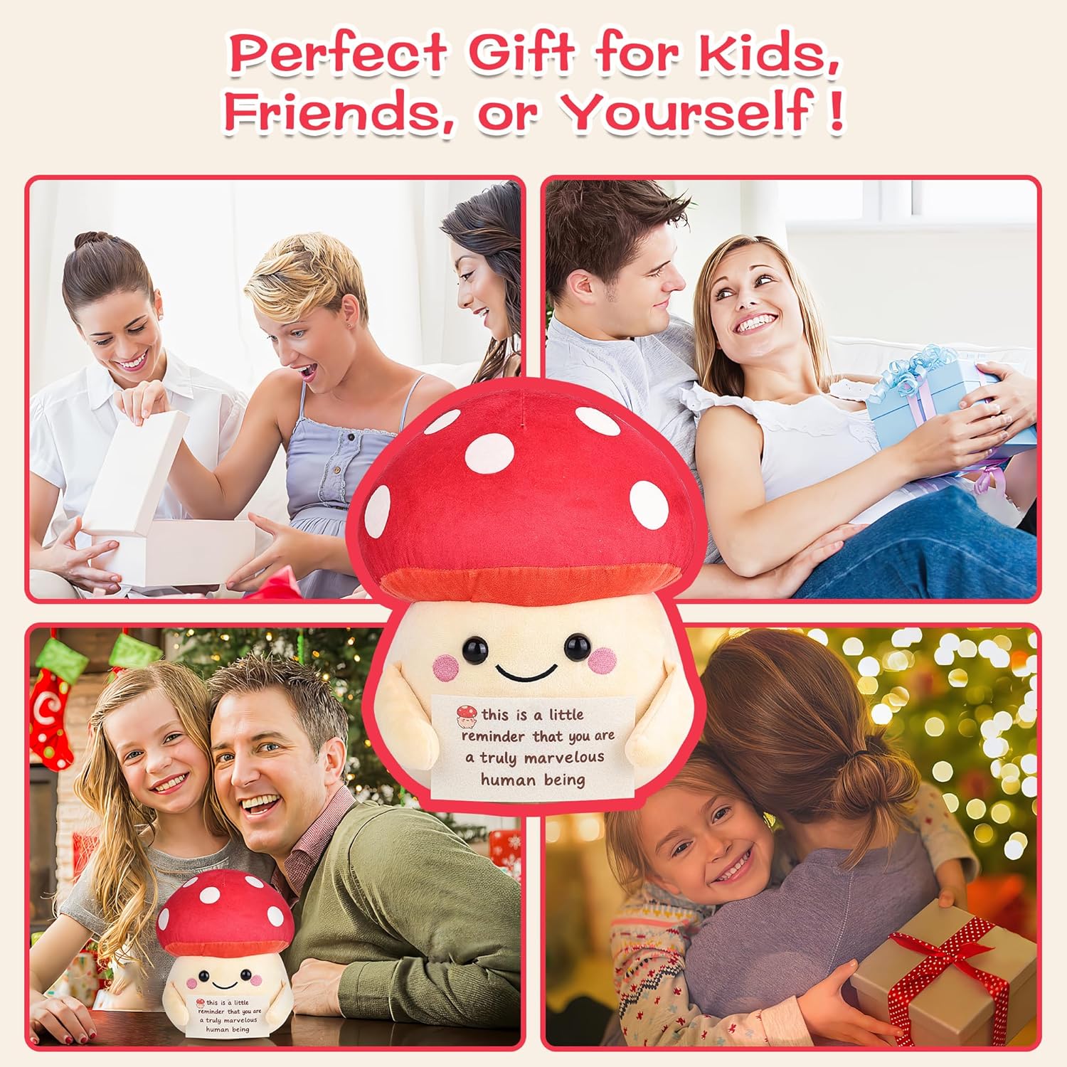 Red mushroom-shaped plush toy with a smiling face, surrounded by people enjoying it in various settings.