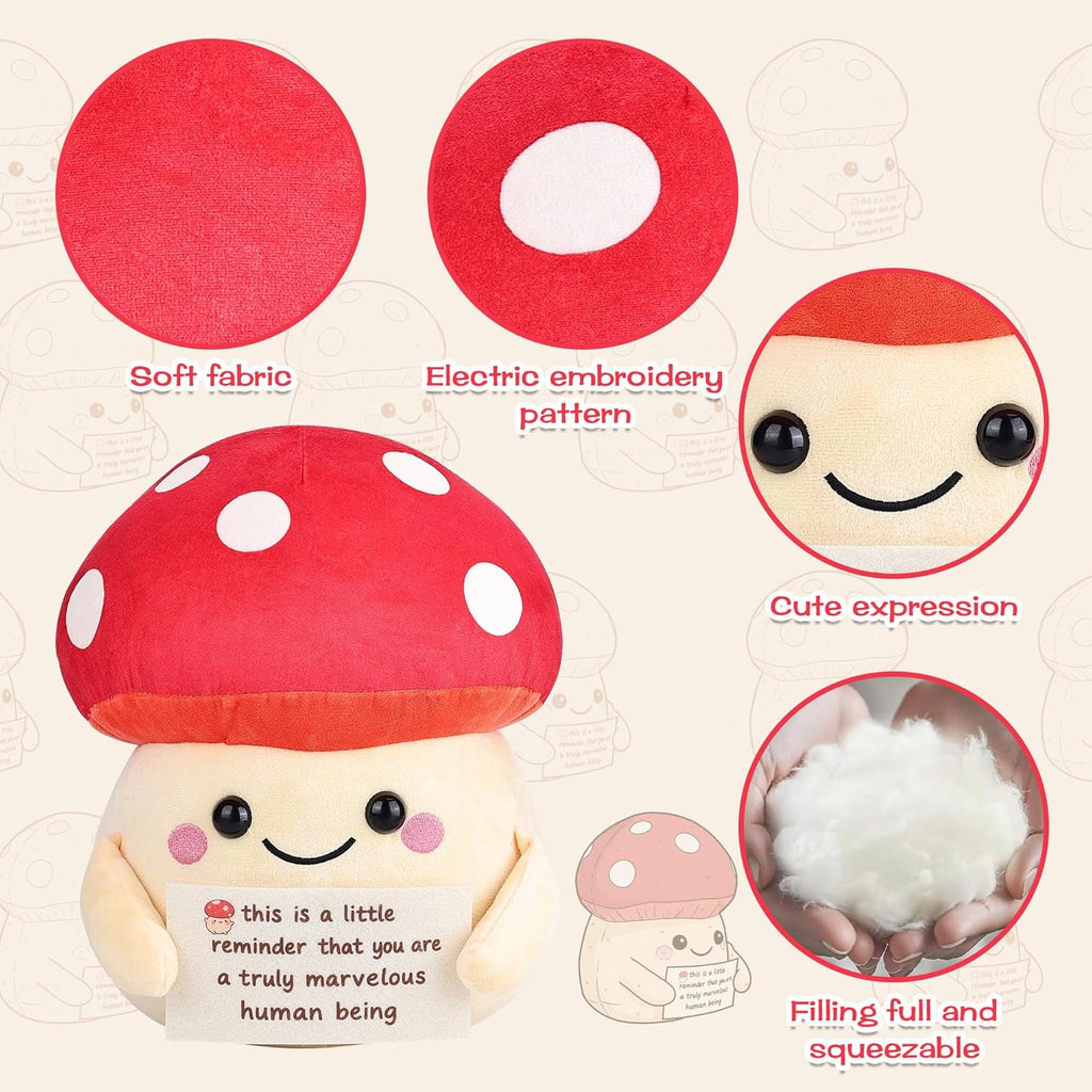 Mushroom-shaped plush toy with text and fabric pieces on a beige background