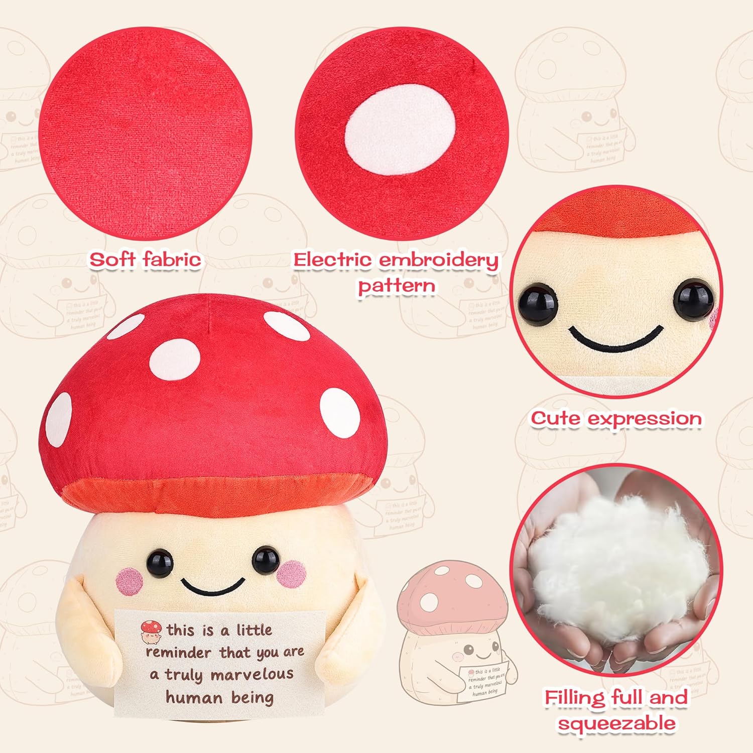 Mushroom-shaped plush toy with text and fabric pieces on a beige background