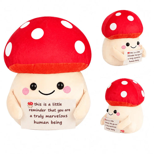 Plush mushroom toy with a message card on a white background
