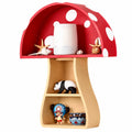 Red and beige shelf with decorative items on a white background