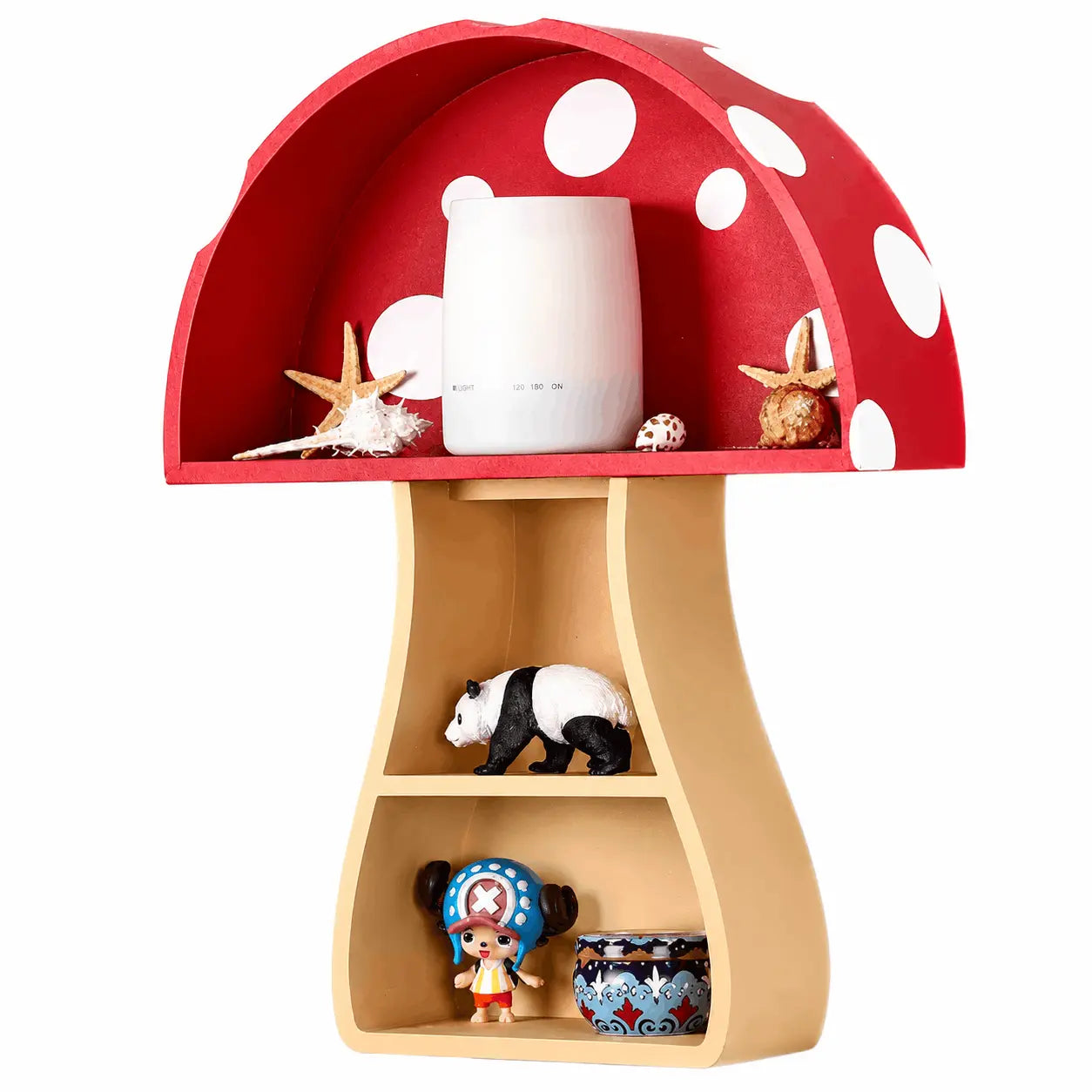 Red and beige shelf with decorative items on a white background