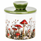 Decorative jar with mushroom design on a white background