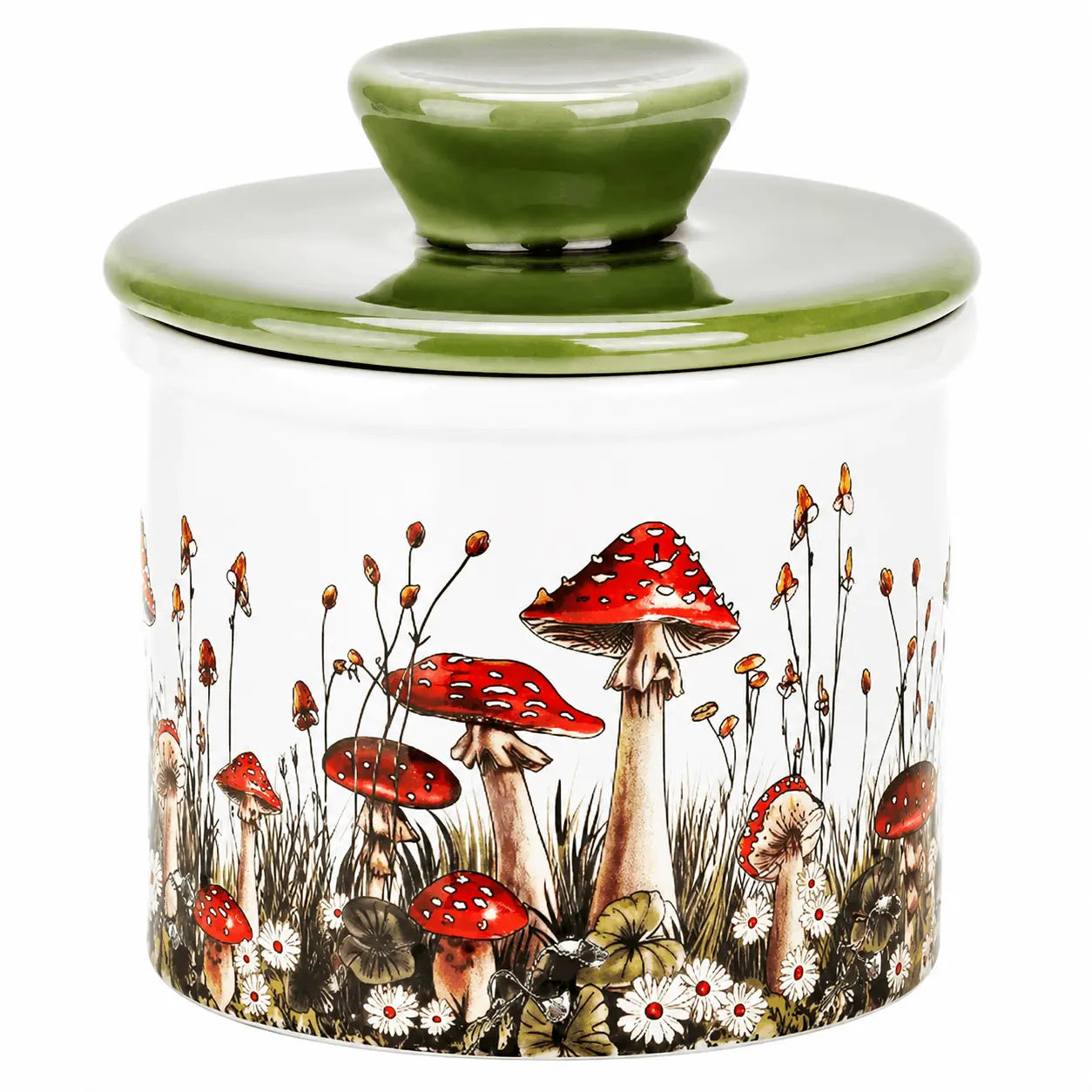 Decorative jar with mushroom design on a white background