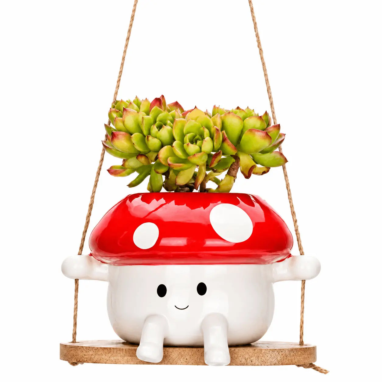 Mushroom-shaped planter with succulents on a white background