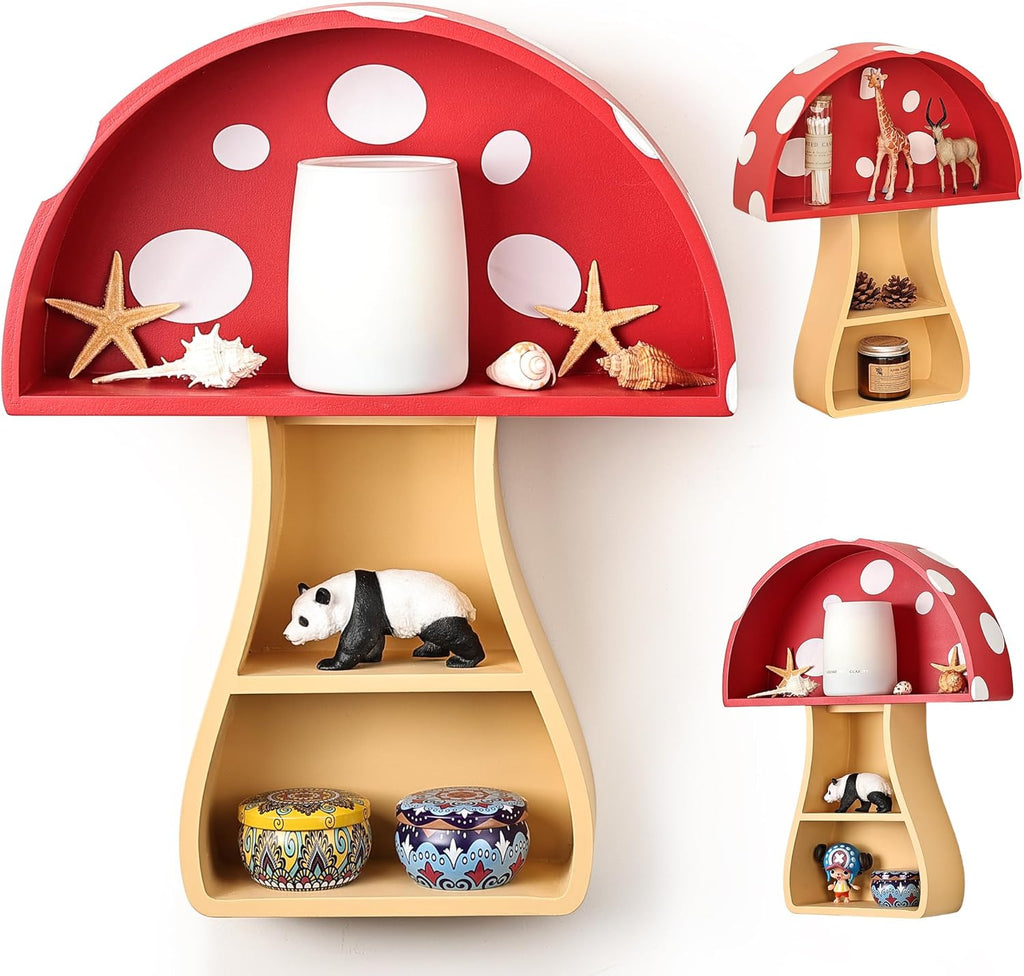 Mushroom-shaped shelves with decorative items on a white background