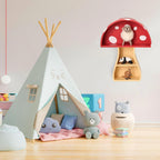 Children's playroom with a teepee, toys, and a shelf with animal figurines.