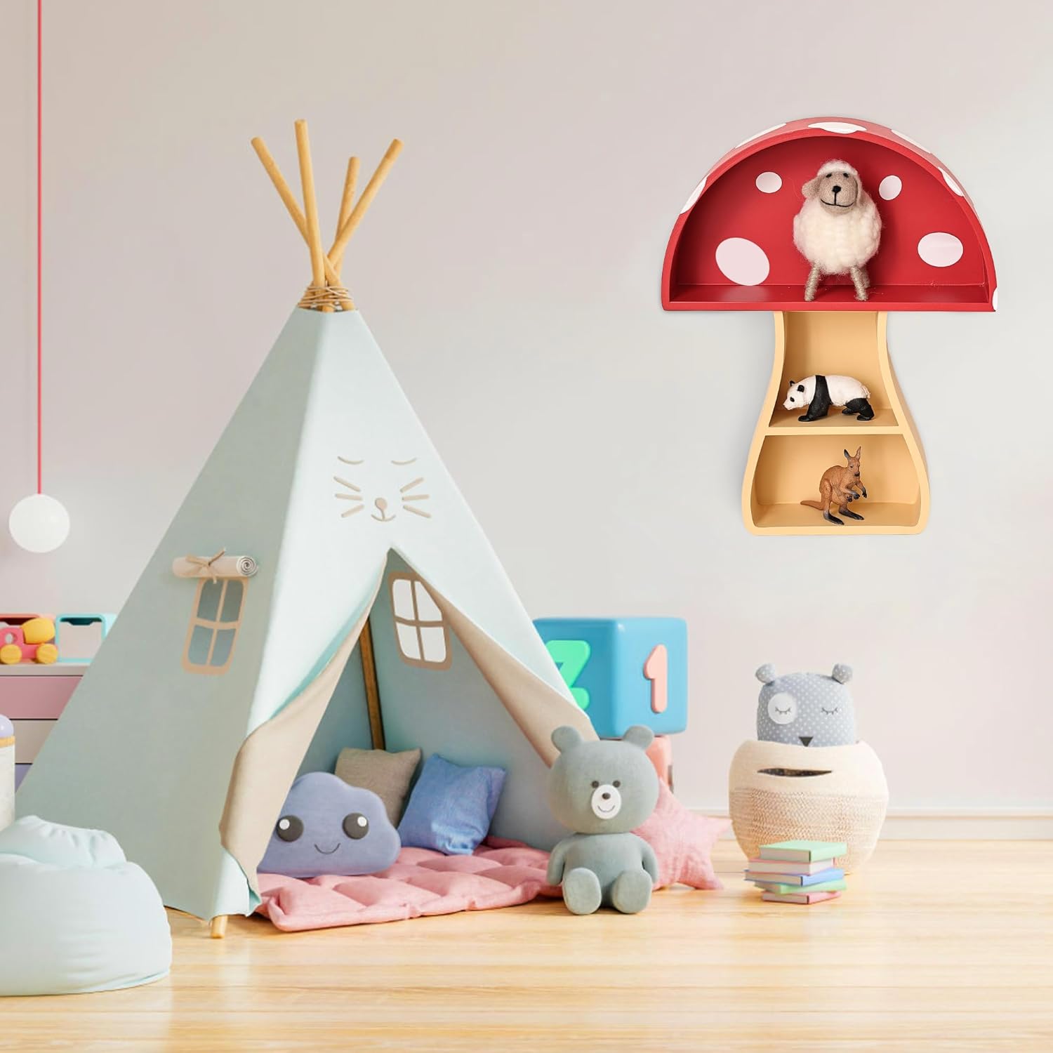Children's playroom with a teepee, toys, and a shelf with animal figurines.