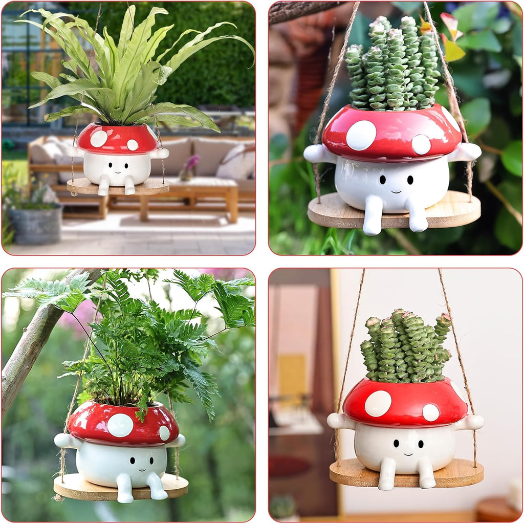 Collage of mushroom-shaped planters with plants in various settings.