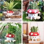 Collage of mushroom-shaped planters with plants in various settings.