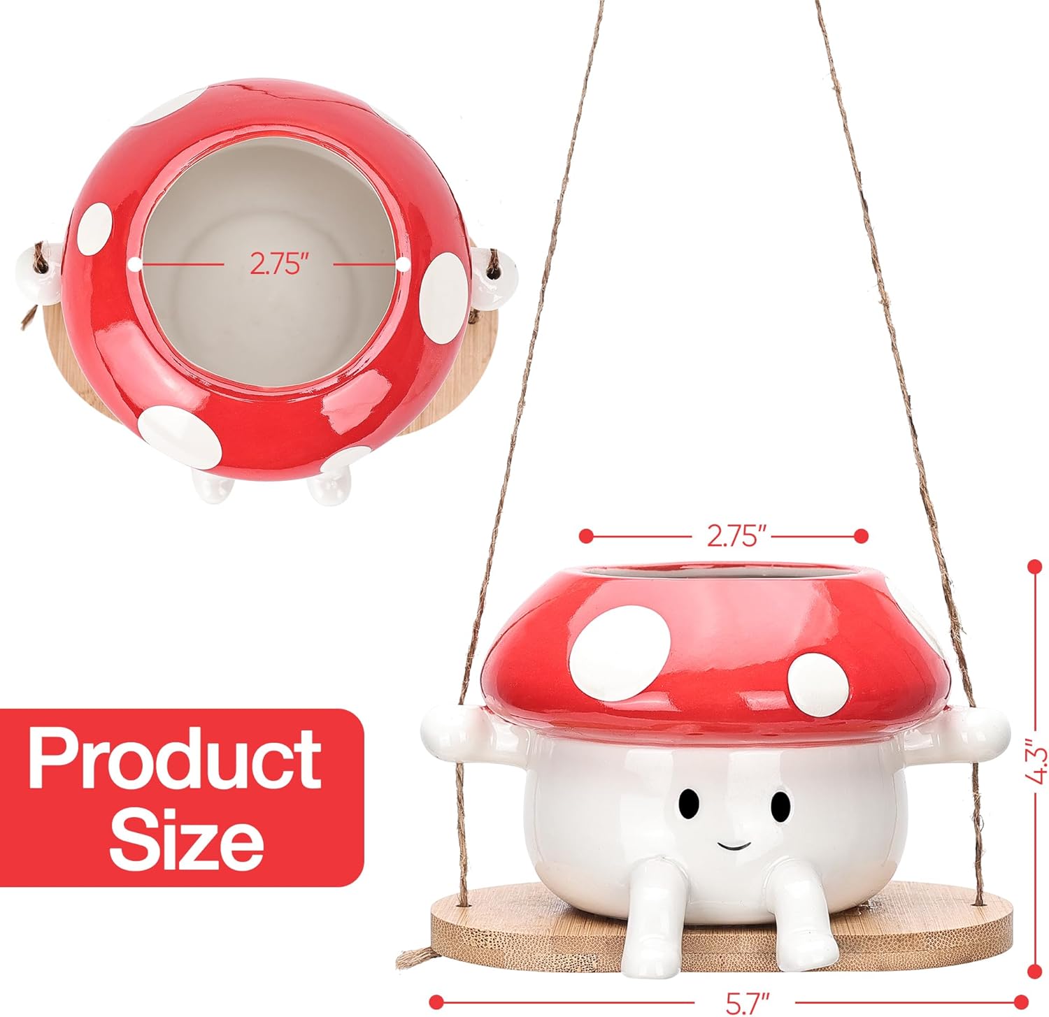 Red and white mushroom-shaped product with dimensions on a white background