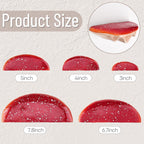 Comparison chart of red product sizes labeled with inch measurements on a textured beige background.