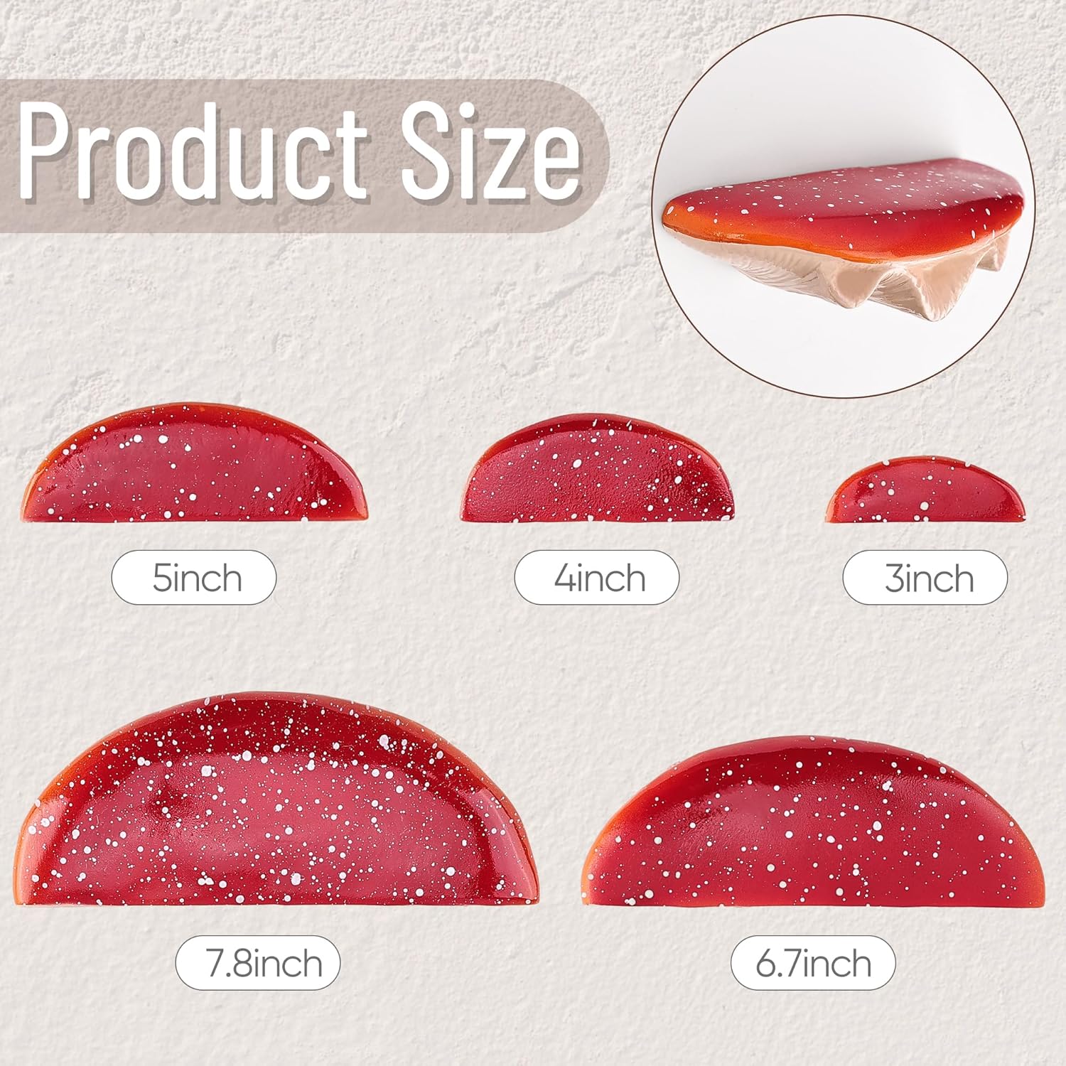 Comparison chart of red product sizes labeled with inch measurements on a textured beige background.