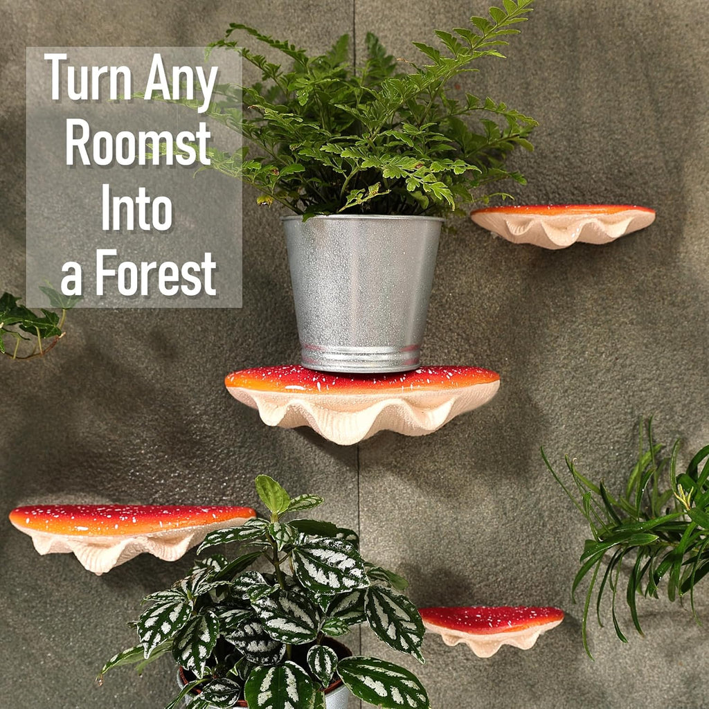 Wall-mounted shelves with plants against a gray wall, text 'Turn Any Room into a Forest'.
