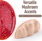 Red speckled plate with a beige mushroom-shaped object on a white background, labeled 'Versatile Mushroom Accents'.