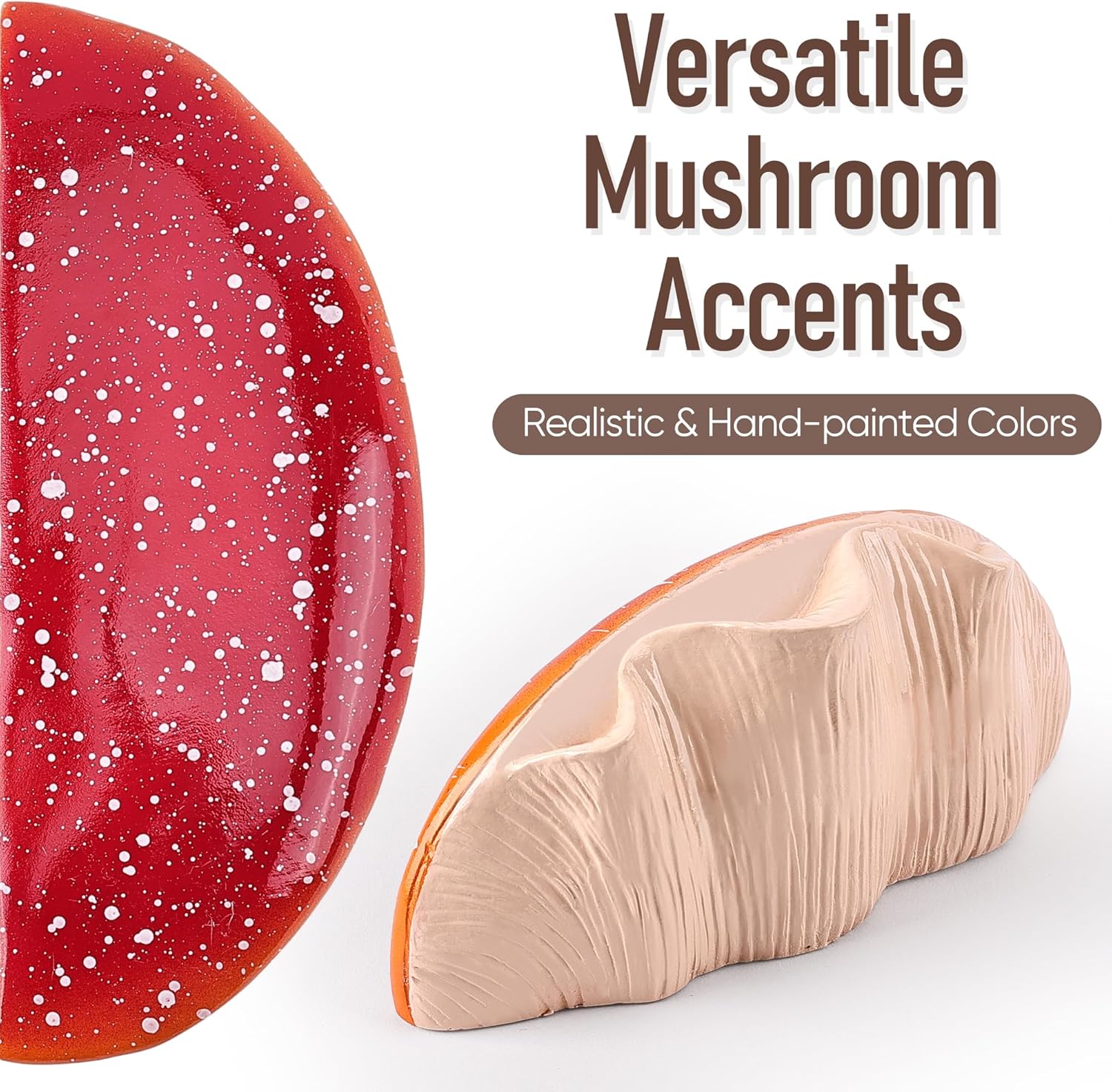 Red speckled plate with a beige mushroom-shaped object on a white background, labeled 'Versatile Mushroom Accents'.