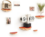Wall-mounted clock with decorative shelves and plants on a white wall.
