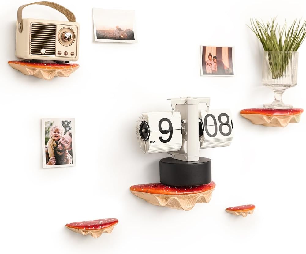 Wall-mounted clock with decorative shelves and plants on a white wall.