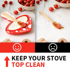 Collage of a red mushroom-designed spoon rest with a wooden spoon and tomatoes on a marble surface, with text encouraging stove top cleaning.