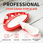 Red and white food-grade porcelain spoon rest on a wooden surface with safety features highlighted.
