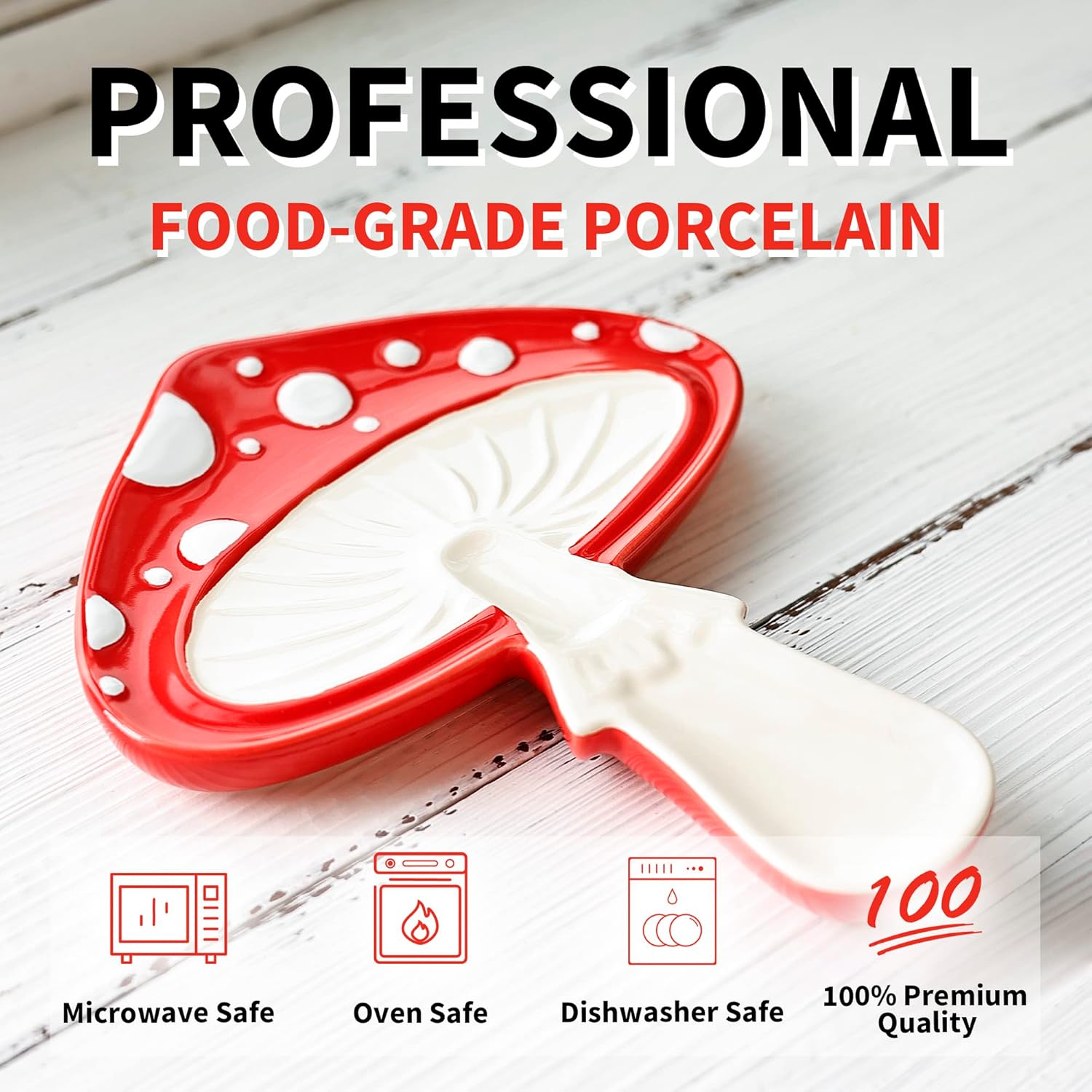 Red and white food-grade porcelain spoon rest on a wooden surface with safety features highlighted.