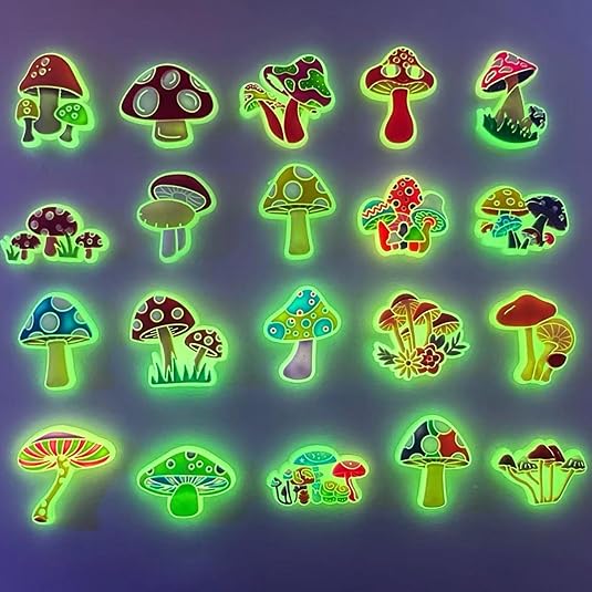 Collection of colorful mushroom illustrations on a dark background