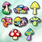 Colorful mushroom-shaped pins on a light green background