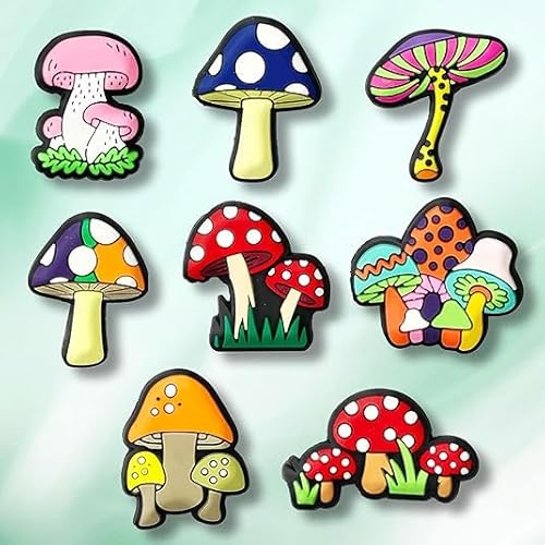 Colorful mushroom-shaped pins on a light green background