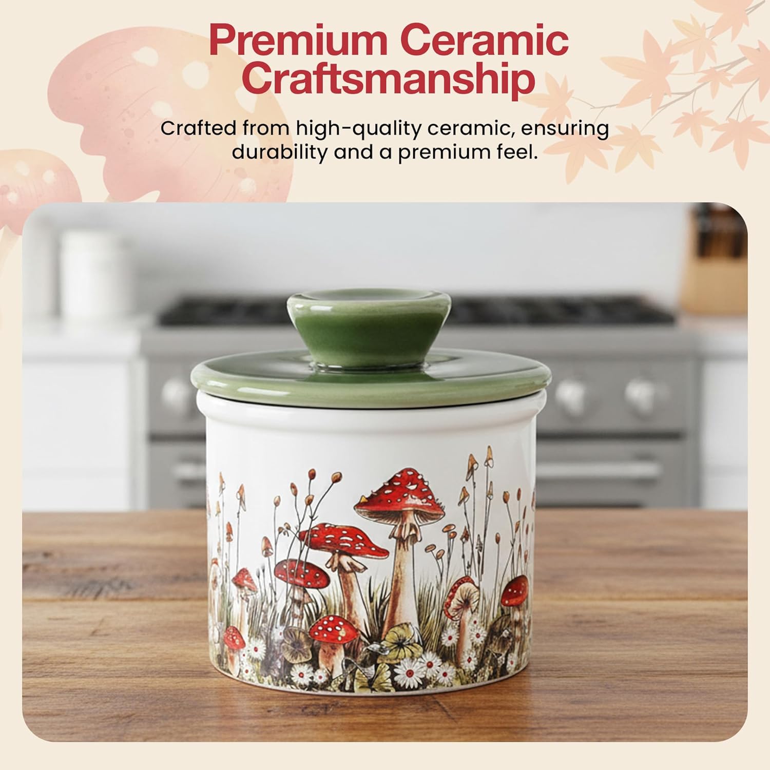 Ceramic container with mushroom design on a kitchen counter