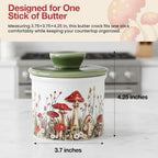 Butter crock with mushroom design on a kitchen counter