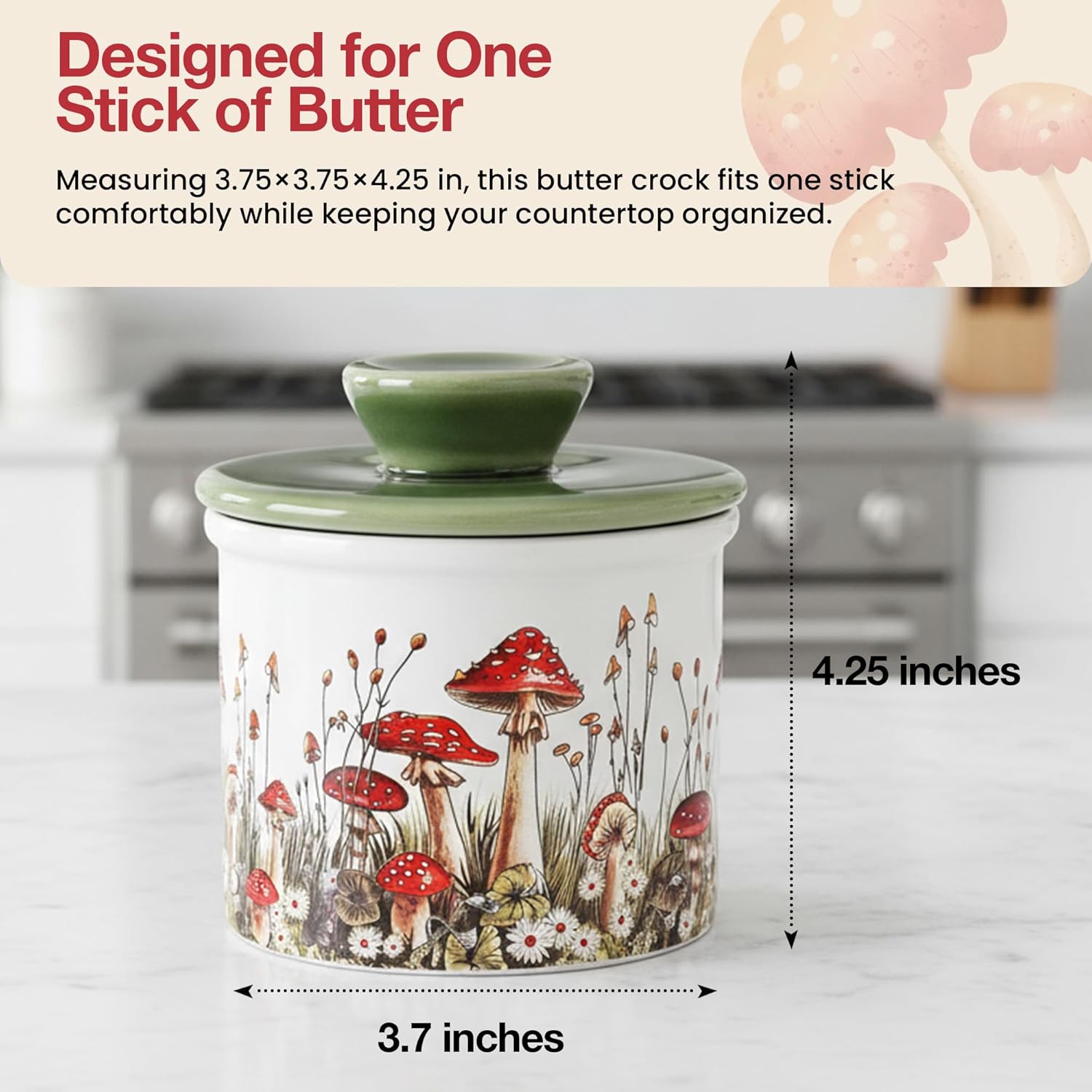 Butter crock with mushroom design on a kitchen counter