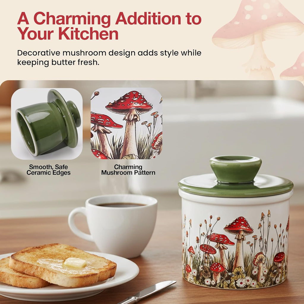 Decorative mushroom-patterned ceramic container on a kitchen counter with toast and coffee.
