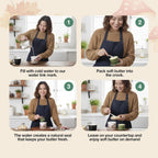 Step-by-step guide on making soft butter using a crock with a woman in a kitchen.