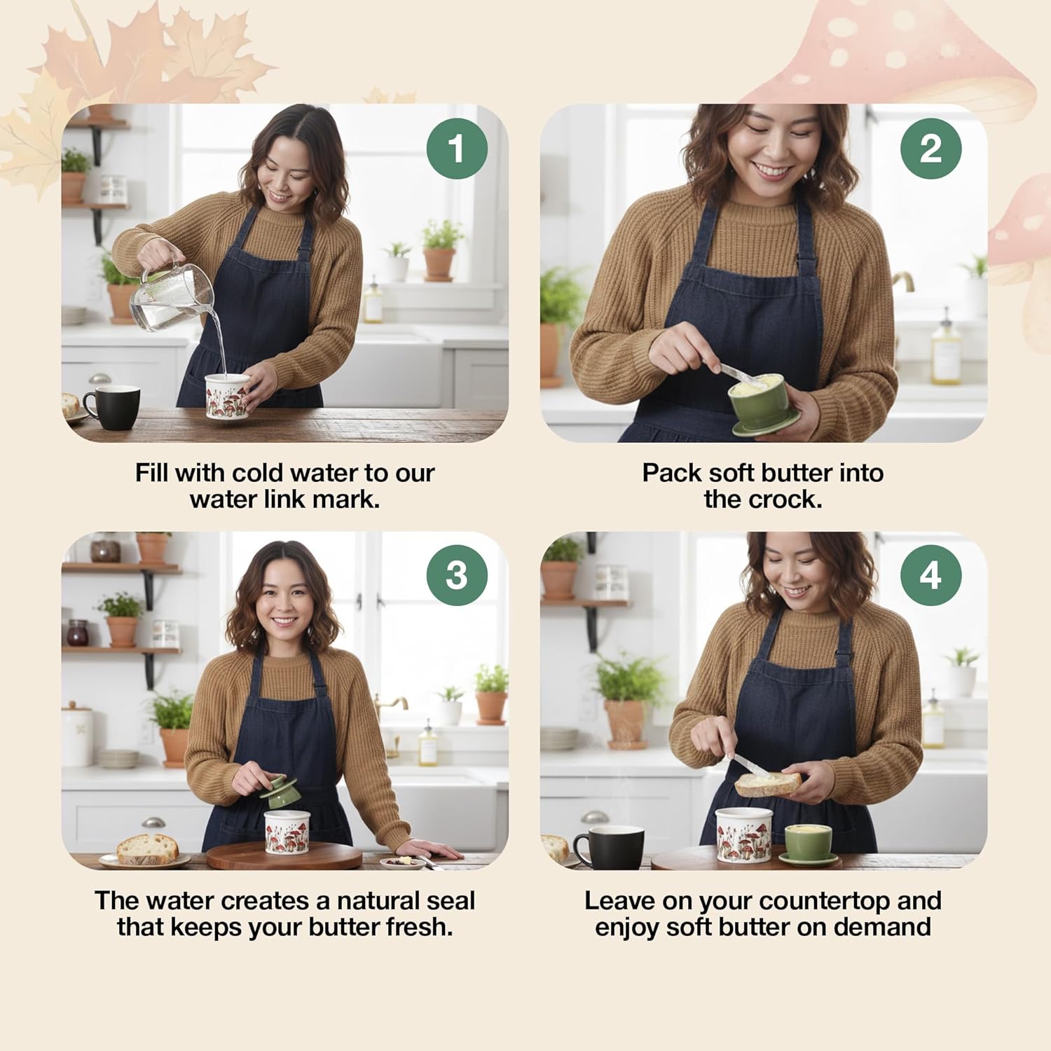 Step-by-step guide on making soft butter using a crock with a woman in a kitchen.
