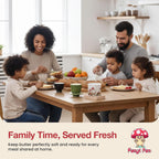 Family sitting around a table with food, emphasizing family time and fresh meals.