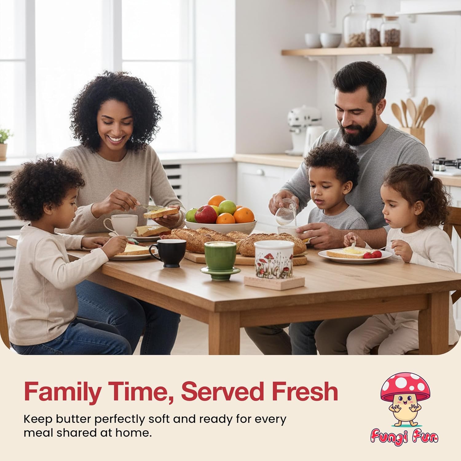 Family sitting around a table with food, emphasizing family time and fresh meals.