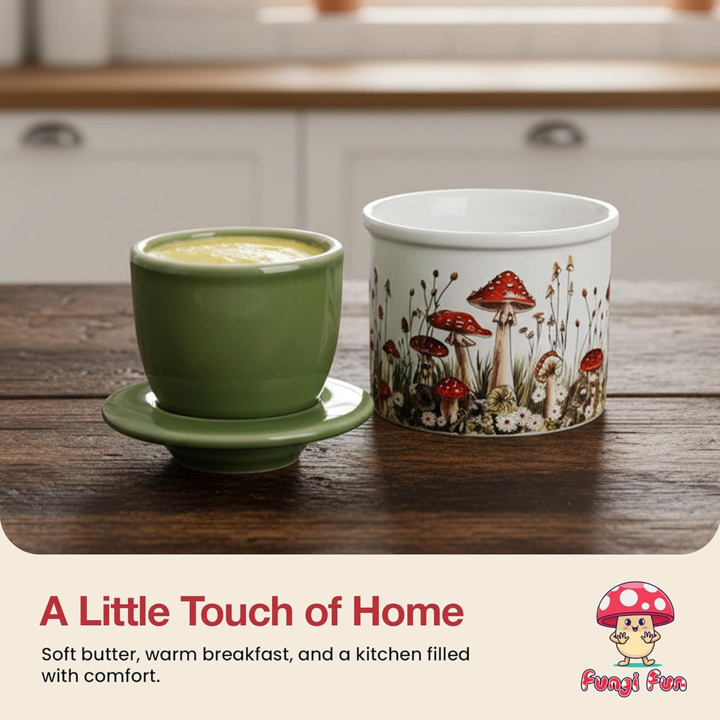 Two ceramic cups on a wooden surface with a kitchen background