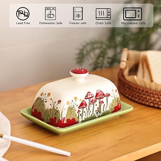 White ceramic mushroom butter dish with lid
