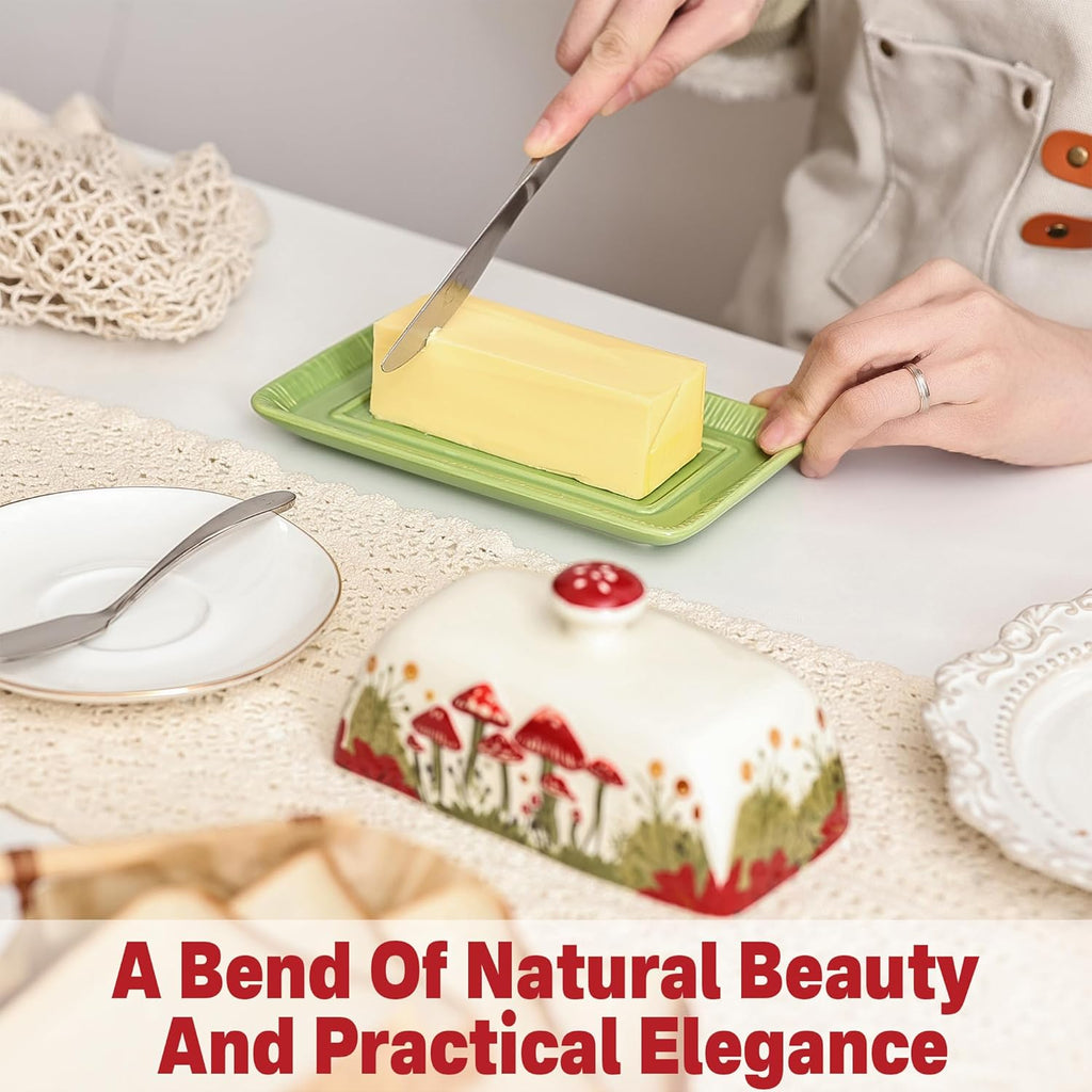 cutting butter on ceramic dish with lid