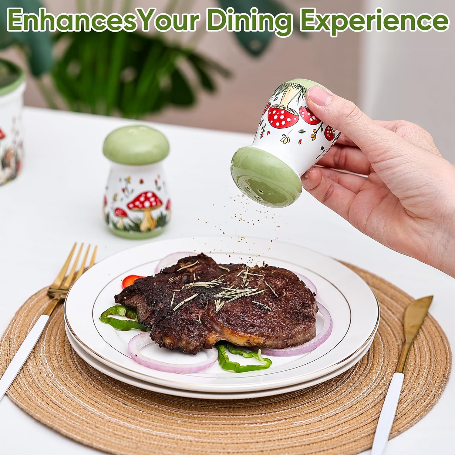 green salt and pepper shaker used on steak