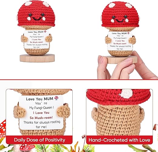 Love you MUM crochet mushroom collage