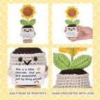 Hand-crocheted sunflower plant with a message card on a yellow patterned background