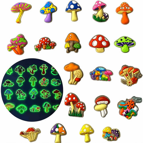 Colorful mushroom-shaped pins on a white background with a close-up of glowing mushrooms.